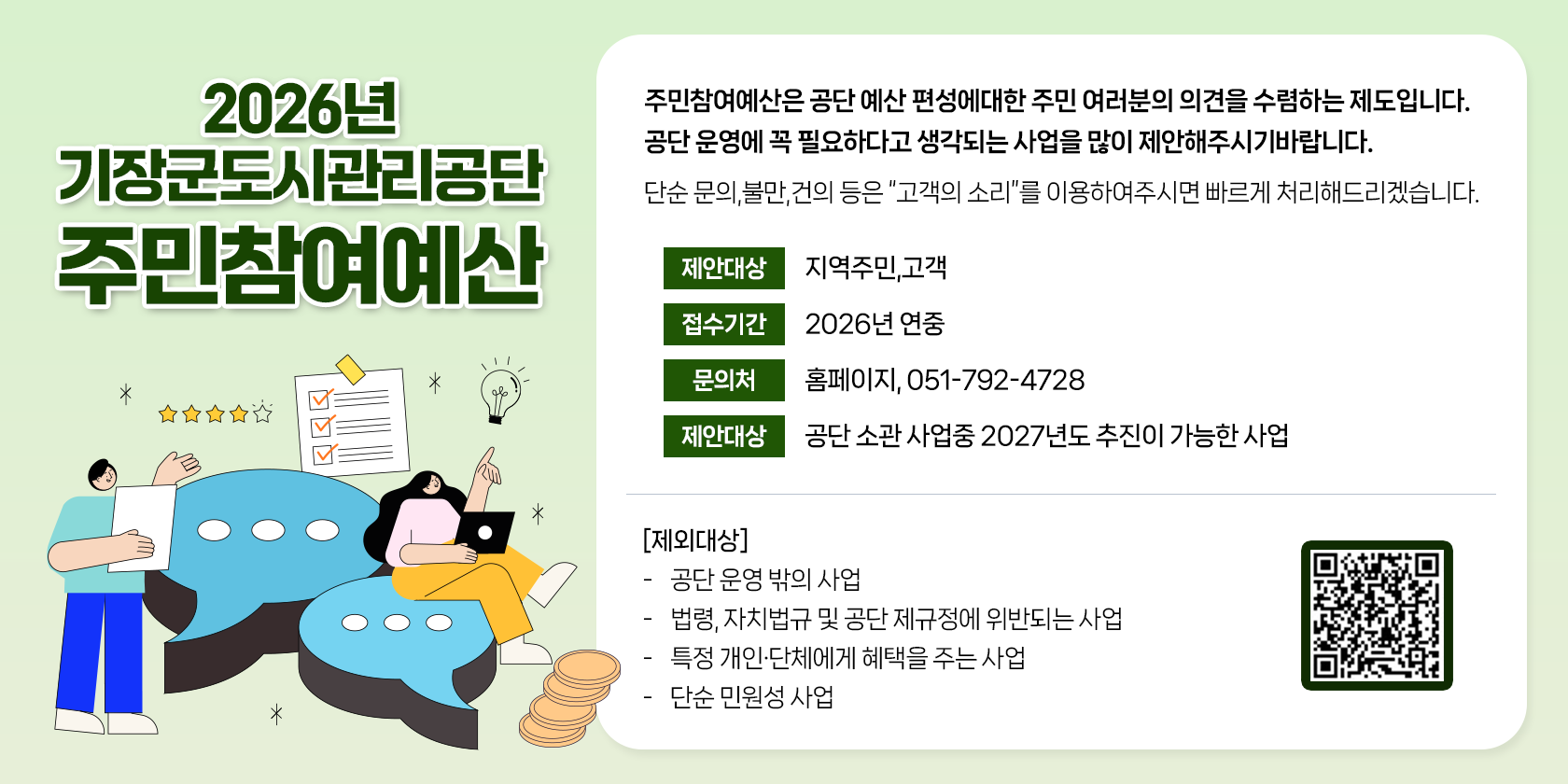 2026년 기장군도시관리공단 주민참여예산 주민참여예산은 공단 예산 편성에 대한 주민여러분의 의견을 수렴하는 제도입니다. 공단 운영에 꼭 필요하다고 생각되는 사업을 많이 제안해주시기 바랍니다. 단순 문의, 불만, 건의 등은 고객의 소리 를 이용해주시면 빠르게 처리해드리겠습니다. 제안대상 지역주민, 고객 접수기간 2025년 연중 문의처 홈페이지, 051-792-4728 제안대상 공단 소관 사업중 2026년도 추진이 가능한 사업 제외대상 공단 운영 밖의 사업 법령, 자치법규 및 공단 제규정에 위반되는 사업, 특정 개인 및 단체에게 혜택을 주는 사업 단순 민원성 사업 qr코드(주소:https://goodsurveyor.co.kr/survey?hashed=U1ZZX0lEWD0yMDc1MCZUTF9JRFg9MTgzMjUmZm9udENudD0wJnBhZ2U9)